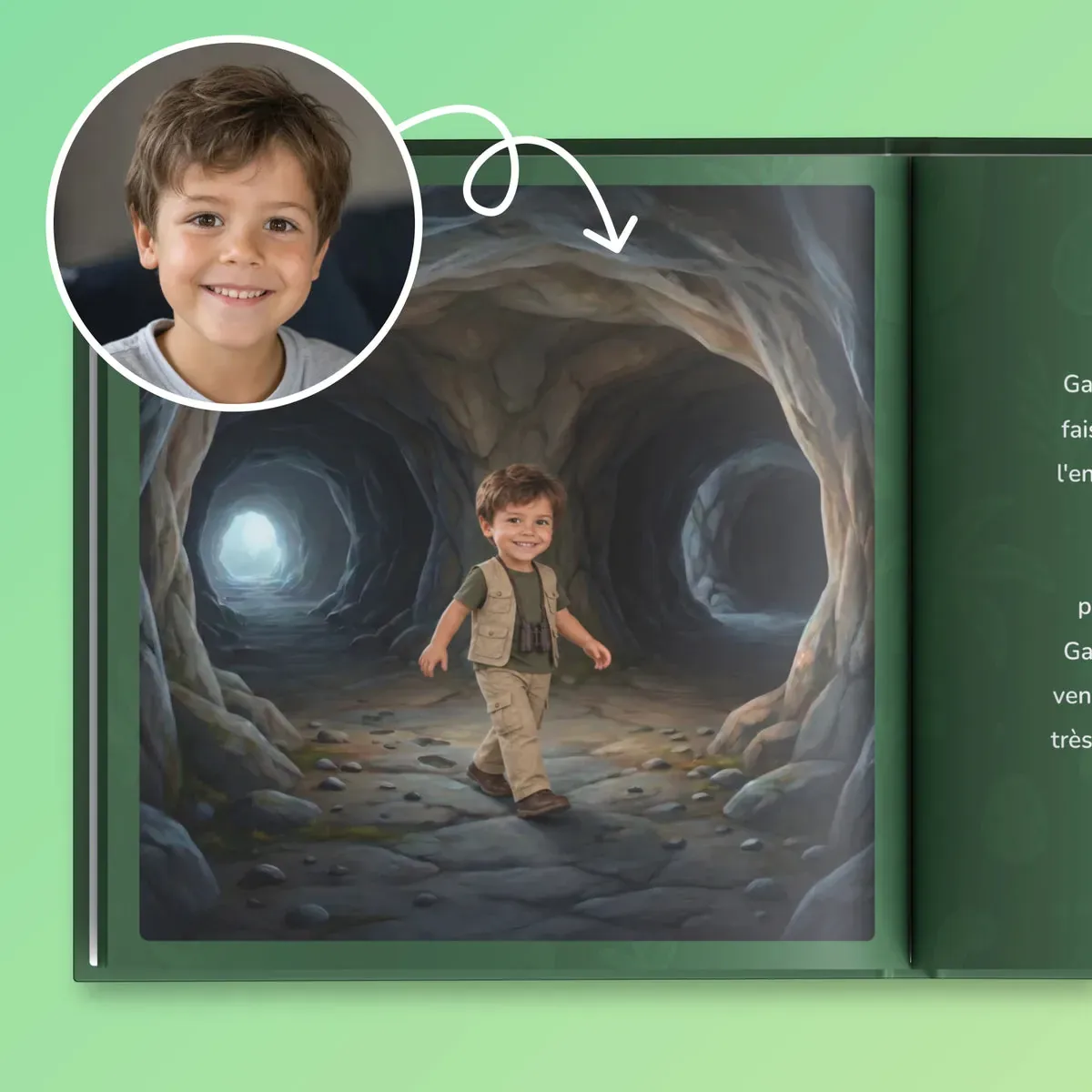 La photo du petit garçon devient le héros qui avance dans la grotte sombre de son livre de dinosaures